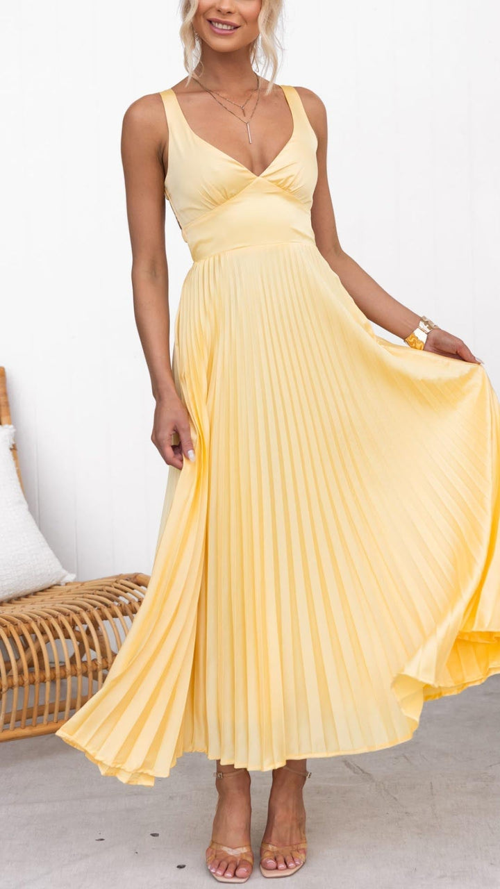 Cornelia™ | Gelbes Plissiertes V-Ausschnitt Maxikleid