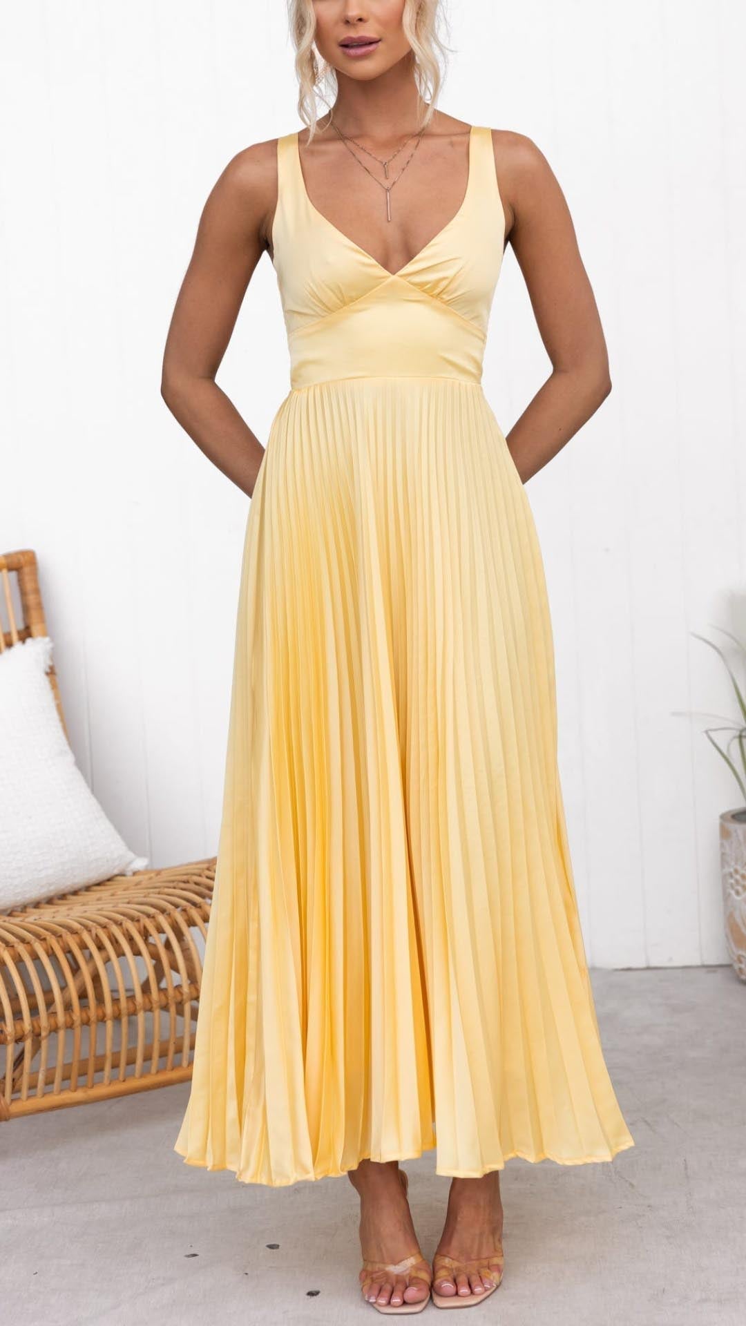 Cornelia™ | Gelbes Plissiertes V-Ausschnitt Maxikleid