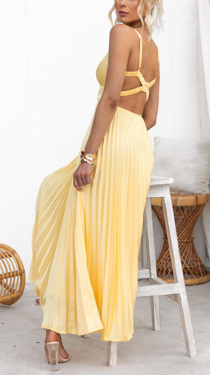 Cornelia™ | Gelbes Plissiertes V-Ausschnitt Maxikleid