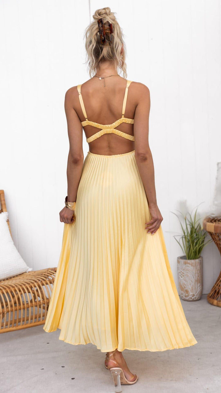 Cornelia™ | Gelbes Plissiertes V-Ausschnitt Maxikleid